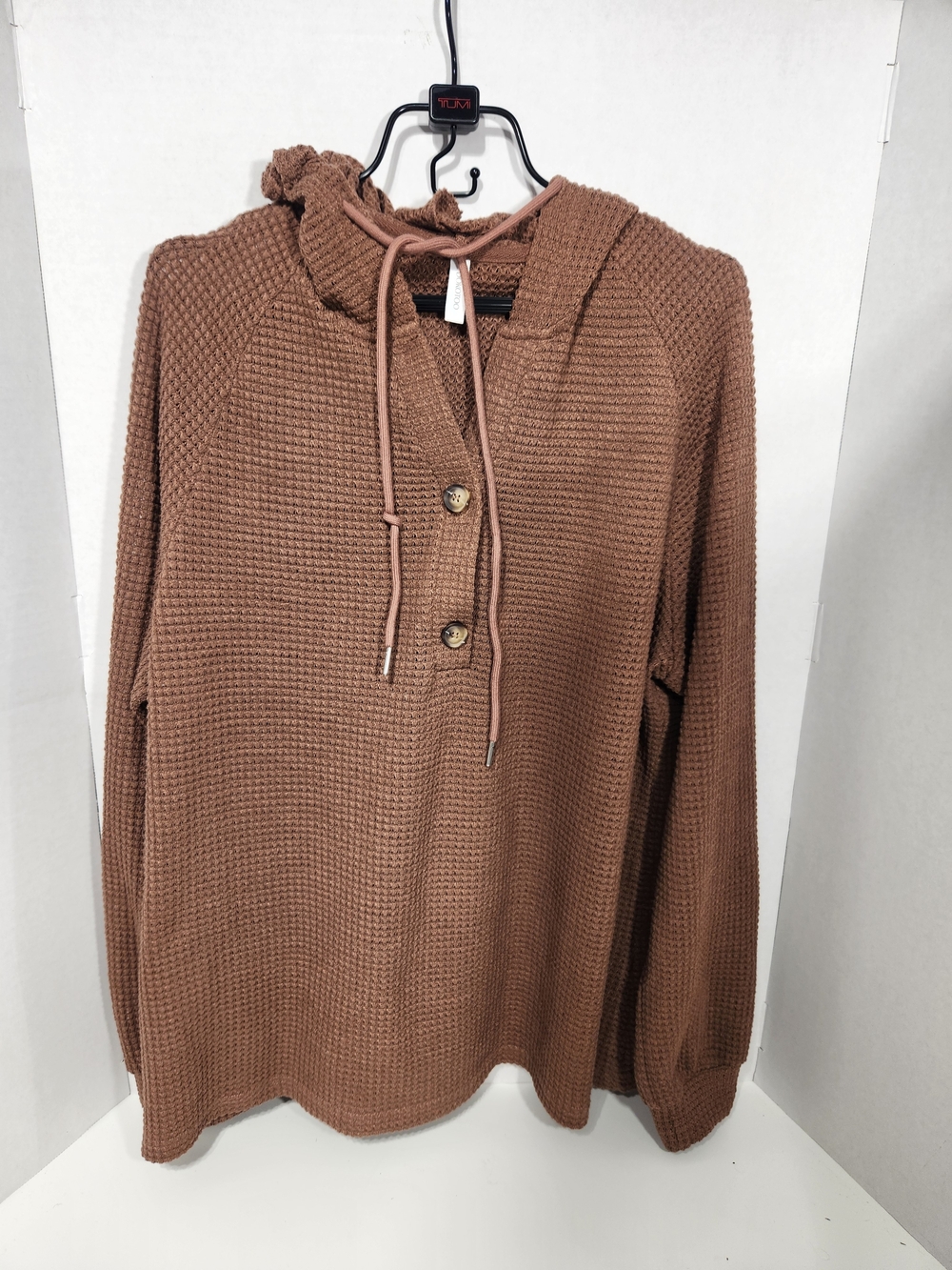 Waffle-Knit Hooded Button Pullover Sweater - Brown